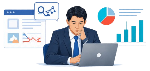 Web集客をこれから始める経営者が、データを見ながら戦略を検討しているイラスト